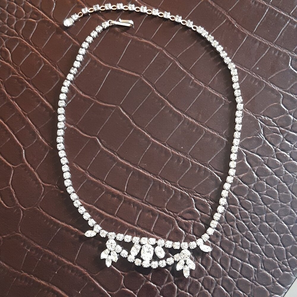 Sherman Vintage Rhinestone Choker Silver Tone Necklace 15.5 Inches